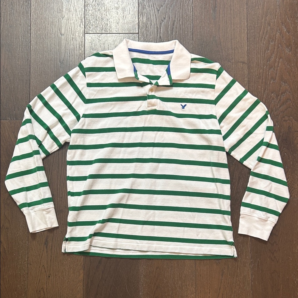 Vintage 2000's American Eagle Striped Polo Shirt Green and White Men’s Large Y2k